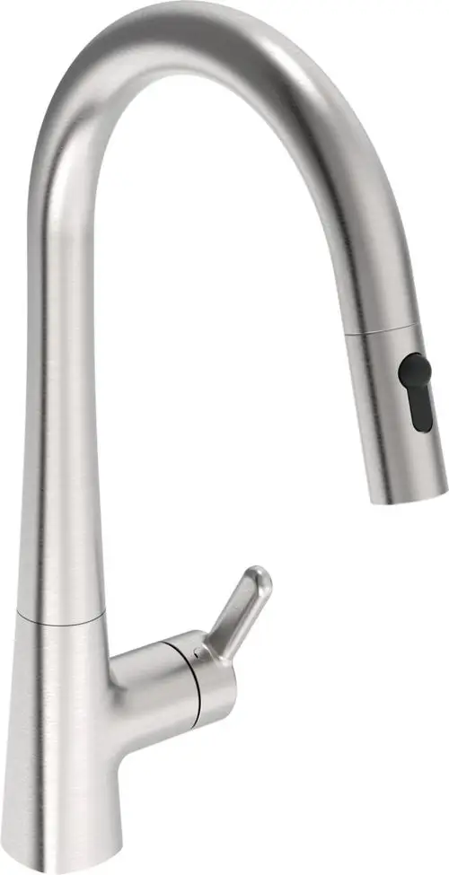Küchenarmatur aus Edelstahl-Look von HANSA mit geschwungenem Auslauf und seitlichem Hebel für die Wassersteuerung.